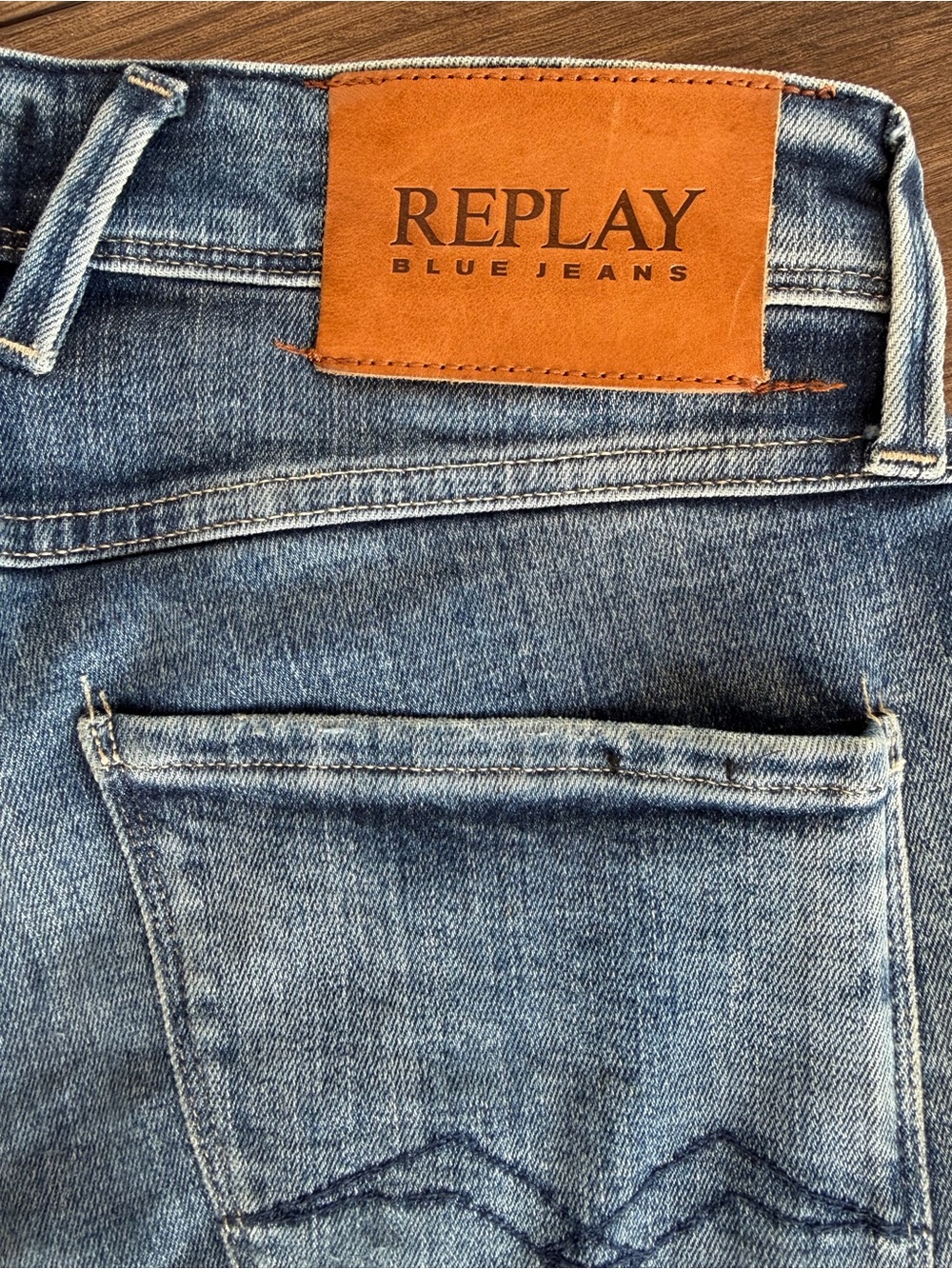 Replay Slim Straight Light Blue Jeans with Tan Leather Patch